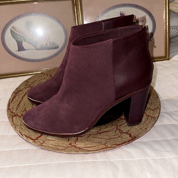 Ted Baker 10.5 41 Azaila Contrast Suede Leather Burgundy Stacked Heel Booties - Picture 3 of 12